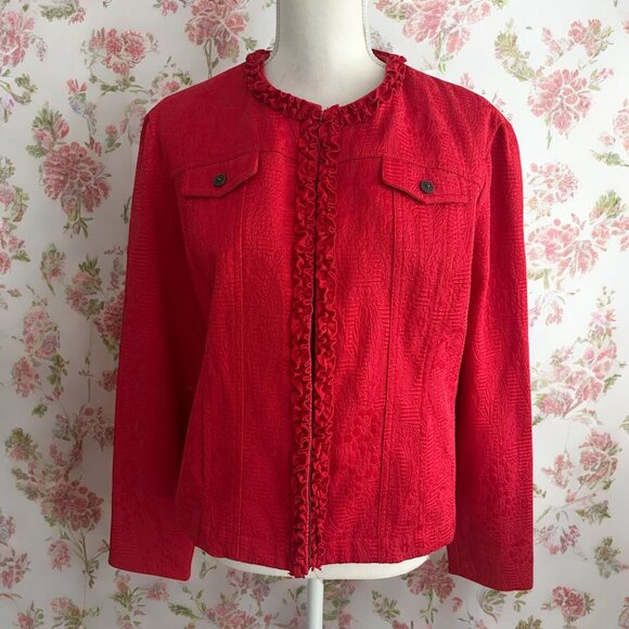 RUBY RD Red Brocade Cotton Blend Jacket Blazer Size 14 - Picture 1 of 7